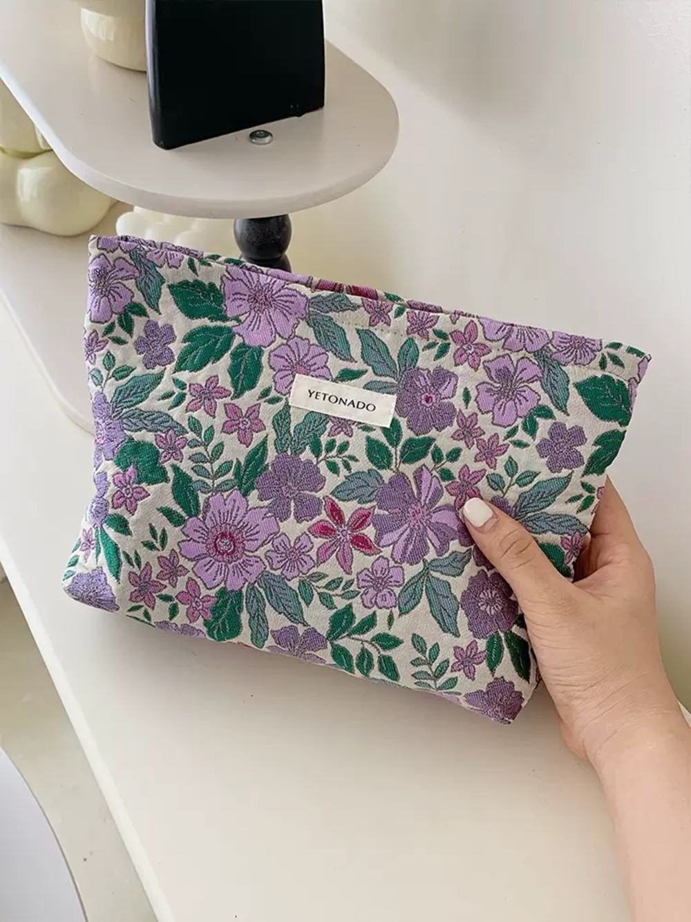Yetonado Purple & Green Floral Cosmetic Pouch